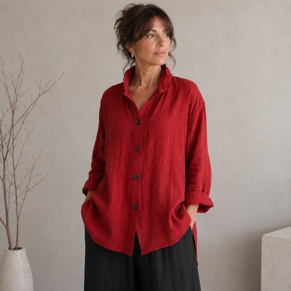 John Mark Red  Long Sleeve Button Down Blouse Top Large